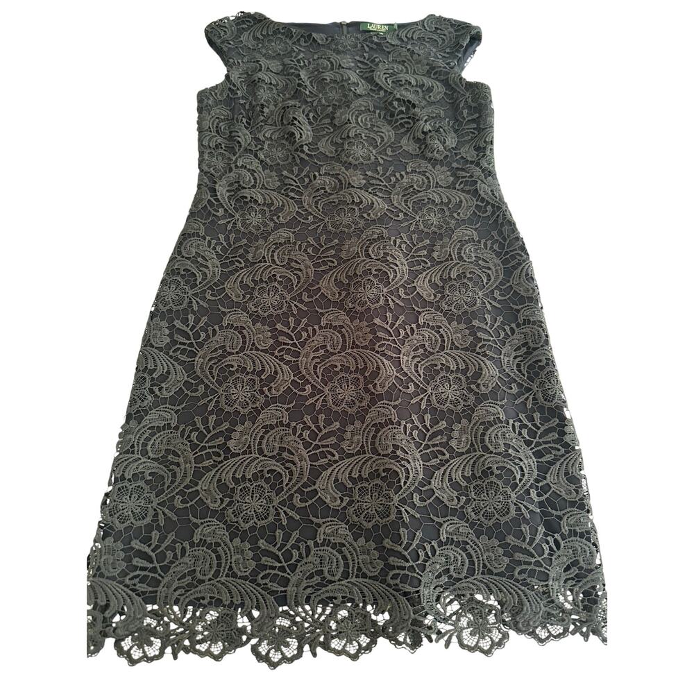 Lauren Ralph Lauren Navy Lace Cocktail Dress Size 10 Cap Sleeve Scalloped Hem - Picture 5 of 15